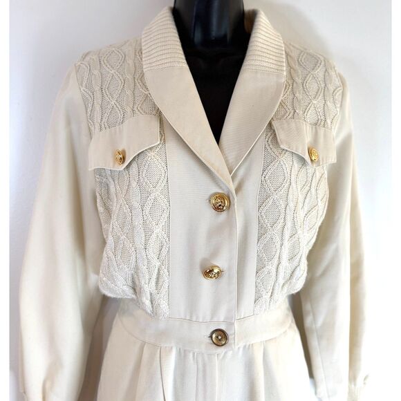 VTG 80s Gina Tricot Jumpsuit Ivory Cable Knit Long Sleeve Shawl Collar Size M - Picture 2 of 4